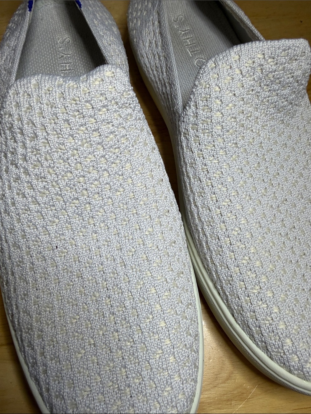 Rothy's cream Slip-On Knit Flats with Blue Heel Tab - Picture 3 of 10